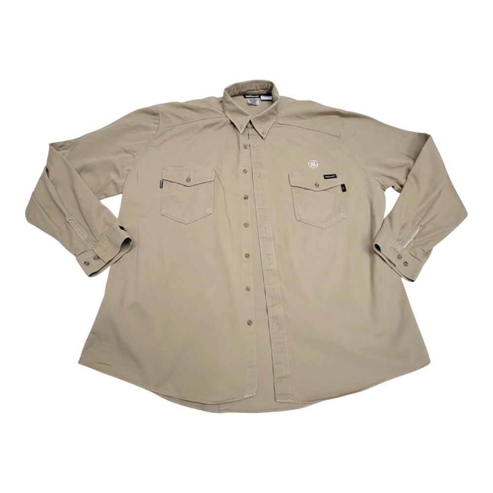 Workrite Mens 3XL Long FR Work Shirt Khaki Westex NFPA 2112 CAT 2 GE Logo